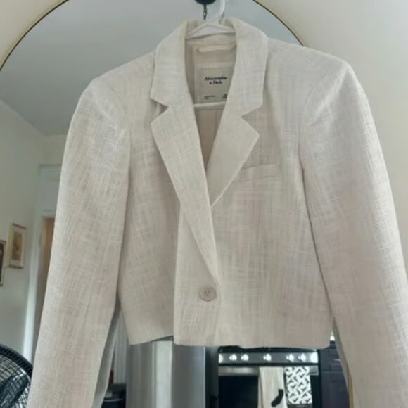 Abercrombie & Fitch Cropped Tweed Blazer Cream Size Small - Picture 2 of 8